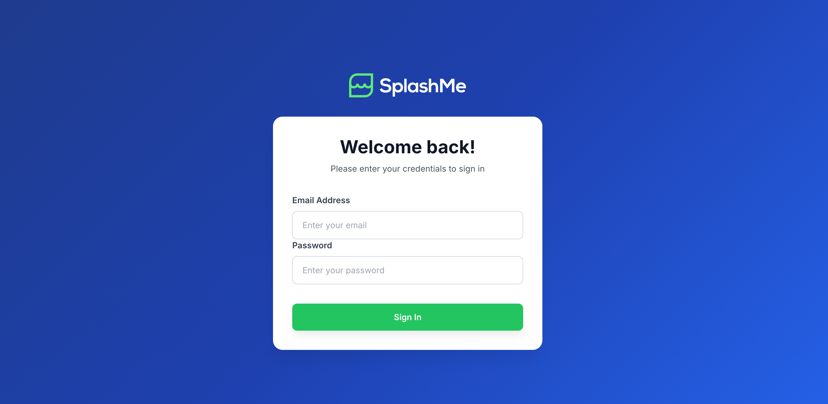 SplashMe web app sign-in screen