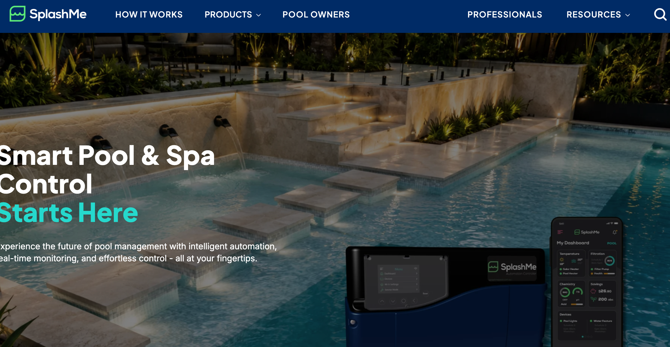 SplashMe marketing site hero showing smart pool and spa control